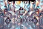 Placeholder: beautiful lady with todays modern clothing and sport shoes, in surreal stage made of 3d fractal random size recursive objects with helical strip colors in clothing similar to environment full body dancing to camera,animating background metallic random color and size recursive objects