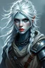 Placeholder: create a middle-aged female air genasi from dungeons and dragons, light blue skin, white hair, windswept, piercing dark blue eyes, wind like hair, wearing chain mail over soft robes with leather strapping, magic runes on her cheeks, realistic, digital art, high resolution, strong lighting