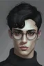 Placeholder: Short black hair, light skin, black turtle neck clothing, black round glasses, earrings, grey eyes, black eye shadow, man