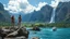 Placeholder: a picture of natural landscape that includes majestic mountains and a serene countryside. Additionally, incorporate details about a stunning, large waterfall that enhances the beauty of the scene. The output should be structured as a narrative, painting a clear image with rich, descriptive language that evokes the sights and sounds of this beautiful environment water fall falls to a big sea with modern ship in it.3 fullbody ladys in One Piece - Athletic Swimsuit,standing over rocks at hight