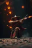 Placeholder: magic neon arrows flying, magic swirl, strong winds, true grit, Mexican native stand off fast draw poncho cowboy wizard on knees hurt punching fire ball whip while taking sight wand slinger, in dark cave ,bokeh like f/0.8, tilt-shift lens 8k, high detail, smooth render, down-light, unreal engine