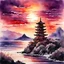 Placeholder: beautiful dark watercolor, dramatic, Japanese seascape at sunset, majestic pagoda perched on shoreline cliff, deep crimson and purple colors, reflective, setting sun partially obscured by clouds, sun glare effect, impressionism