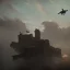 Placeholder: fortress with ripped flag , ww2, plane in sky , realistic