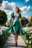 Placeholder: fullbody girl makeup wearing a dark green-silver victorian short dress walking in moder city of 2040 park ,flowers ,pretty clouds in blue sky,city escape.