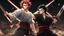 Placeholder: yujiro hanma vs yoriichi tsugukuni, baki vs kimetsu no yaiba, two mans standing in front of each other, a big strong man in black shirt with red hair and evil grin in battle stance facing a smaller feminine swordsman with long hair and calm face reaching for his sword in traditional japanese clothes both preparing to fight each other