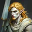 Placeholder: fantasy, dramatic portrait, marble statue of an elf male, androgenous, marble skin, watercolour, golden hair, warrior, mighty, righteous