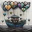 Placeholder: Abstract mixed media kintsugi art in intricately detailed and textured Seth Apter, Ernst Haeckel, Peter Wileman and John Hoyland style: "Fishing flying mantarays, fisherboat carried by heart-shaped balloons, overgrown with foliage and dangling vines, in an enchanted, magical, misty caribbean seascape, with colourful Yayoi Kusama textures, rainbow bubbles, in the clouds." Contemporary Art, incorporating collage and graphic shapes, with figurative and enchanted, mystical elements. By Susanne.