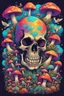 Placeholder: Psychedelic skull looking high and grinning, surrounded by clouds and overgrown with psychedelic mushrooms. Birds flying around the skull. Digital drawing. Colorful. t-shirt design. Cartoon. Digital cartoon. Mid detailed. Super happy. Cheerful. Light hearted. Colorful. Vibrant colours.