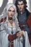 Placeholder: A couple, from the dnd game curse of Strahd. The woman has long white hair and blue eyes, the man has LONG BLACK hair and red eyes, no facial hair.