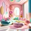 Placeholder: a photo of a gorgeous modern colorful soft interior with pink modular sofa, round shapes, pastel colors, bright interior, sunlight --ar 2:3