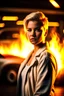 Placeholder: muscular blonde woman, short hair, covered in LIGHT WHITE JACKET, standing in front of burning car, OFFICE lighting, 8k uhd, breathtaking masterpiece, intricate film grain, ultra realistic wallpaper, sharp focus bokeh, studio quality perfectionism,