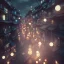 Placeholder: low-light japanese city street with laterns and clouds, view from above, realistic, steampunk, 3d-art, futuristic, minimal design, unreal engine, ray-tracing