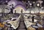 Placeholder: face to the camera in midle one alone human figure with a big map his hands in weird whimsical clothes stands on thin weird bridge , weird whimsical landscape, forest, and Sahara water and rocks,, around surreal cracked painted weird land with some black doors. dark purple, gray, black, white, brown. Whimsical style of Chagall , of Minjae Lee and Tim Burton, absurd beauty. broken, weird bizarre absurd, nightmare, neuron network background, surreal vibe