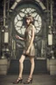 Placeholder: full body picture of a skinny woman with a bob, a fringe hairstyle, 1920s flapper clothing, futuristic steampunk city background