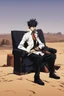 Placeholder: Nicholas Wolfwood Trigun is sitting on a couch in the middle of the desert