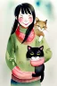 Placeholder: A cute smiling asian girl is holding a cat. Girl is wearing mittens. Watercolour