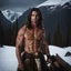 Placeholder: Handsome and muscular 30 year old shirtless mountain man, dark fantasy, snow capped mountains