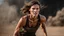 Placeholder: beautiful slender caucasian female technician, black tank top, angry, running, well toned muscles, weathered face, scratched sand camo metal details, short brunette wavy bob haircut, dystopian, desert scene with smoke and explosions,