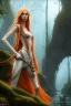 Placeholder: painting of a tall elven young woman with short light orange hair and freckles on the cheak bones and tall body of a topmodel light clothes, long shot, ultra realistic, concept art, intricate details, eerie, highly detailed, photorealistic, octane render, 8 k, unreal engine. art by artgerm and greg rutkowski and charlie bowater and magali villeneuve and alphonse mucha