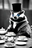 Placeholder: Anthropomorphic European badger wearing a monocle and tophat having a tea party with his animal buddies. Photograph.