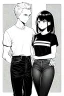 Placeholder: an fashionably dressed girl and another dressed in jeans and a T-shirt walk in the city, line arts, greyscale