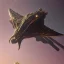 Placeholder: huge ornate spaceship made of brass and black stone flying through space