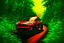 Placeholder: A Tesla's 'Model Y' is racing at top speed, across the 'Jurassic Park' jungle. CINEMATIC. WIDE ANGLE LENS. PHOTO REAL.