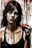 Placeholder: A surreal grunge, messy, drip and scratched painting style, eve is holding a rotten apple - not amused, Adam in background,ironic, surreal, abstract and striking