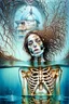 Placeholder: surrealistic painting depicts a woman submerged in water, with only her face visible above the surface. Her hair is dark brown with blonde highlights, and her eyes are a warm brown. Below the waterline, her torso is replaced by a skeletal ribcage entwined with translucent, organic root-like structures and dried leaves, revealing the internal decay beneath the skin. The upper part of the painting features a dilapidated, light-colored building with multiple levels and a dome, seemingly floating on