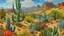 Placeholder: Oil painting of a desert landscape with cacti of various species and colors, some with fruits and/or flowers, low shrubs, and mountains in the background, under a blue sky with clouds. The foreground is dominated by various desert plants, of varying sizes, shades, and shapes, some tall and slender, others with multiple branches. The ground is textured and varied. The overall impression is one of vivid natural beauty.