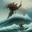 Placeholder: an ibis warrior in orange and green full battle armor, background of giant crashing ocean waves, a highly detailed illustration, realistic render, 8 k, micro detail, intricate, elegant, centered, digital painting, smooth, sharp focus, illustration, artgerm, tomasz alen kopera, peter mohrbacher, donato giancola, joseph christian leyendecker, wlop, boris vallejo