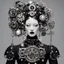 Placeholder: creates a human figure dressed in a structured black garment, including prominent shoulder pads. Instead of a human head, the figure is holding a complex mechanical object. This object appears to be a combination of gears, wheels and other mechanical parts. The mechanical object is adorned with white pearls hanging around it, resembling a necklace or ornament. The background of the image is light grey, which puts the main focus on the figure and the mechanical object. Overall, the image has dark
