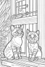 Placeholder: coloring page for kids, Cats on the porch, cartoon style, thick lines, low detail, no shading