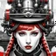 Placeholder: Insanely detailed closeup vintage black-white-and-red portrait of a pale skinned 25yo redhead russian woman with eye shaddow and long eye lashes and a pony tail in a victorian manufacturing plant by CGSociety, awwchang, James Christensen, Pixar, character design, digital illustration, detailed background, Norman Rockwell, Carne Griffiths, Gil Elvgren, Leonardo DaVinci, 8k resolution, Pixar, Lou Xaz, cinema 4d
