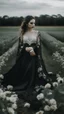 Placeholder: black lace scarf and dirty wedding dress in a field of white roses.cinematic picture