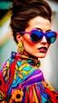 Placeholder: a close up of a woman with sunglasses and a colorful dress, colorful fashion, colourfull, colorfull, pop and vibrant colors, extremely colorful, very vibrant colors, colorful!!!, evil. vibrant colors. cute, very colorful, fashion photography, very colourful, bold psychedelic colors, super colorful, floral couture, colorful photo, highly colorful, colorfully, beautiful vibrant colors