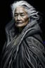 Placeholder: a photo of an Maori woman with ethnic jewelry, grey hair and grey flowing robe, in style of Annie Leibovitz, contemporary portrait of a mature yet beautiful and modernist woman, black and grey, detailed feminine face, swirling fluid smokey enigma, award-winning artwork