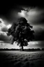 Placeholder: conceptual photo, art photo, illusion, fine art, death, dark cloudy sky, surrealism, black and white, distant view of a chestnut tree