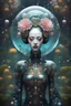 Placeholder: poster, Dark sci-fi, coloured flowery swamp, alien planet, tattooed albino geisha, robotic industrial elements, adorned in Gustav Klimt-inspired attire, mirror effect, octane render, surrealism, deviant art, rainny glass bubble water or elastic glass-like material, intricate Abstract Technology, energy, molecular, textures, iridescent and luminescent scales, window reflexions, corrugated iron, willowherb straggled over the heaps of rubble, biomechanical entity blending Gothic