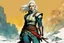 Placeholder: create an imaginative full body print illustration of an ethereal, otherworldly , pale female grandmaster Witcher with short flaxen hair wearing a tattered battle worn padded gambeson and boots , in the comic book art style of Bill Sienkiewicz, Mike Mignola, and Jean Giraud Moebius, with highly detailed feminine facial features , finely drawn, colored and inked,