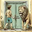 Placeholder: A young man enters a door and from the other side comes a lion