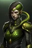 Placeholder: a female humanoid snake, wearing a black leather armor, green scales, yellow eyes