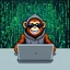 Placeholder: A grinning Monkey sitting in front of a laptop, hacking systems, wearing a hoodie and sunglasses. Matrix in background. Pixel Art. Profile Picture. Avatar. Pixel