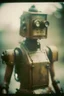 Placeholder: steampunk, vintage analog polaroid of a woman robot, female body, fog, lomography, heavy film grain, rain, color bleed, depth of field, bokeh, retro