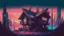 Placeholder: small Wooden Cabin, In cyberpunk city-skyline, comic style