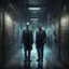 Placeholder: Hyper Realistic Dr Jaykill & Mr. Hyde in a hallway of a dark & huge chemical laboratory at night