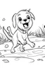 Placeholder: Imagine a very simple coloring book page with a happy puppy, jumping to catch a frisby, black line, high quality, no shading, no color, for kids around 5 years old, with a bleed