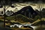 Placeholder: A dark grayish brown mountain with tar pits painted by Henri Rousseau