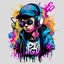 Placeholder: Vector t shirt art ready to print abstract color graffiti illustration of a cyberpunk boys and a basecap with text "Digi".On cap, headphone, explore, white background.