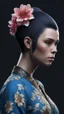 Placeholder: mugshot, Planet of the Apes, blue, large, floral designs, atmospheric, beautiful, China Doll, , dark background, mid shot, full body, neutral expression, buzzcut hair, ultra realistic, highres, superb, 8k wallpaper, extremely detailed, intricate, limited palette,